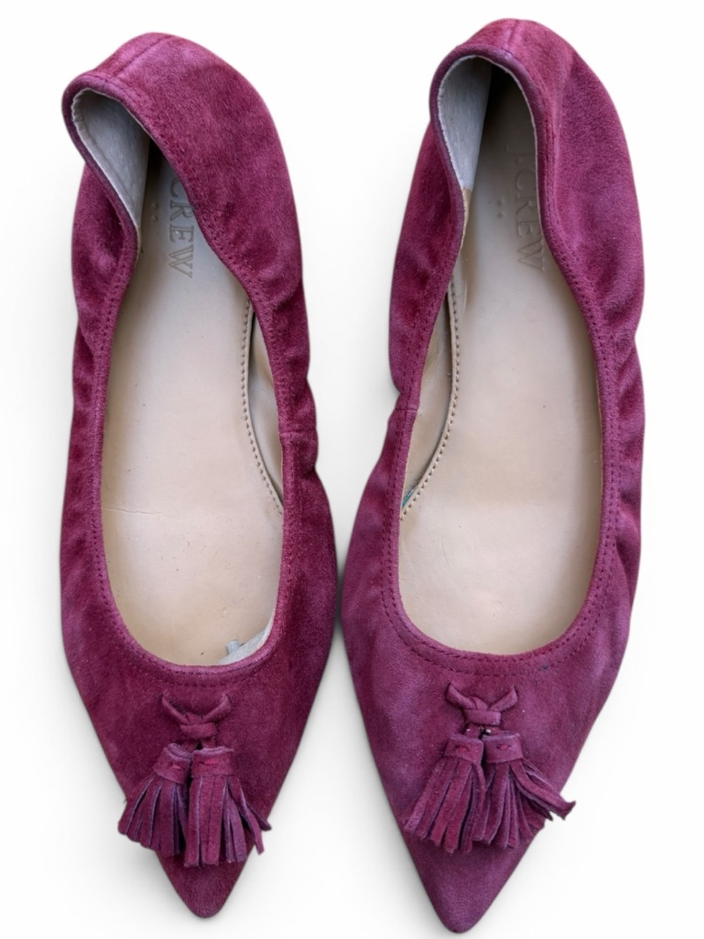 J.Crew Burgundy Suede‎ Tassel Flats Pointed Toe Leather Size 8.5 - Picture 2 of 5